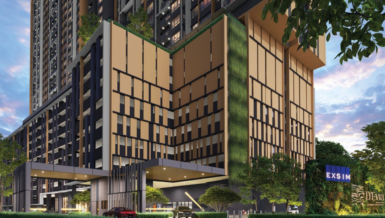 D'Evia Residences facade at twilight